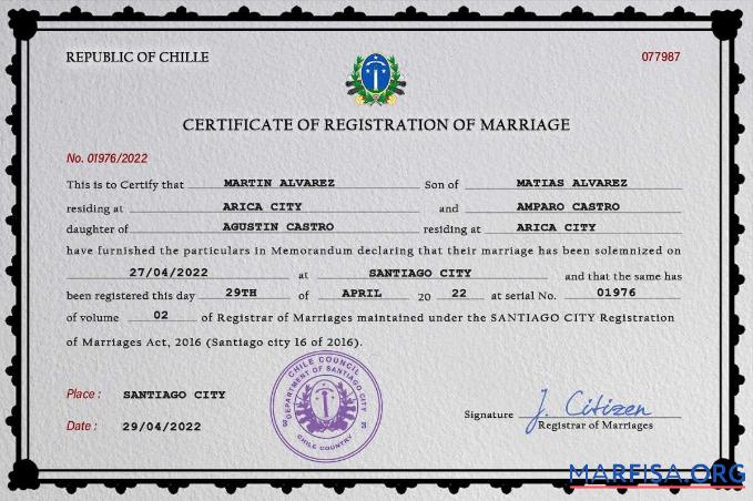 Printable Chile marriage certificate PSD template